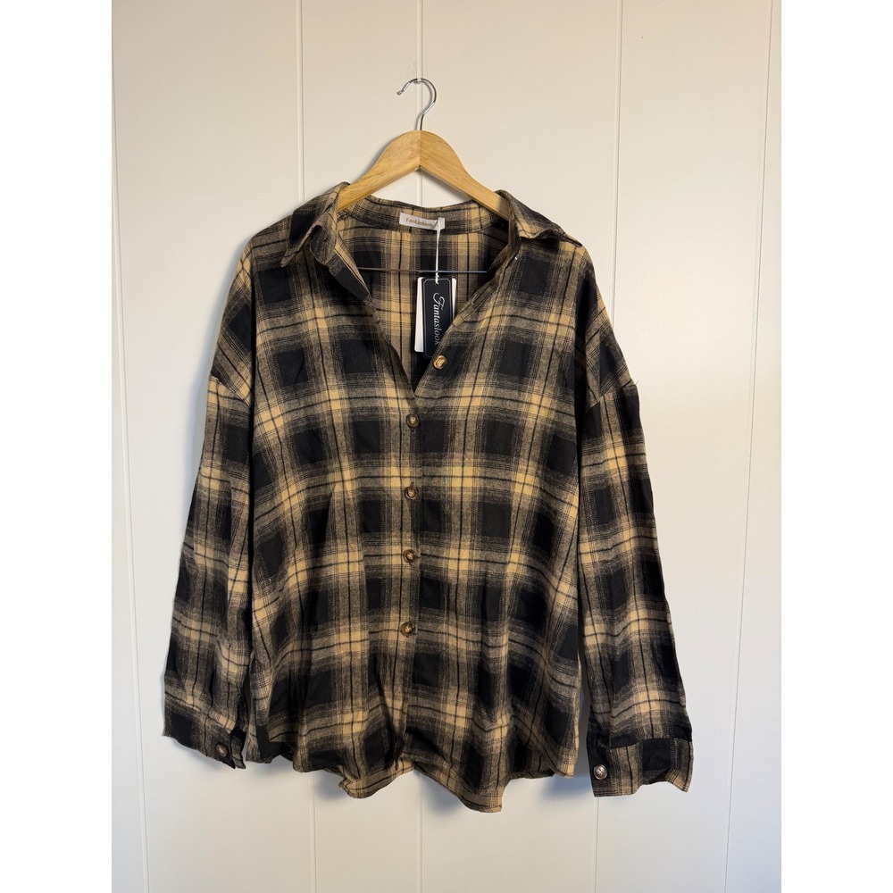 Grunge Earthy Flannel Shirt XL Black Tan Plaid Oversized Button Down‎